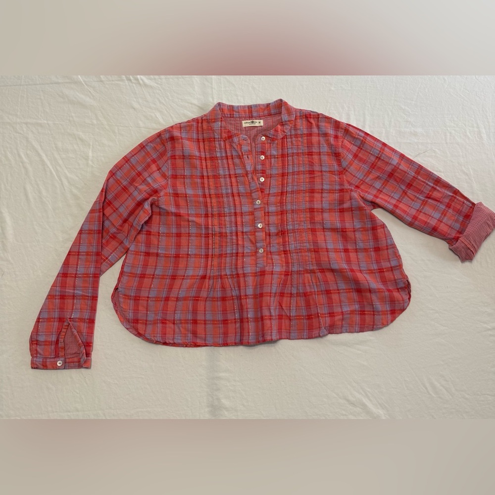Natural Life M Montana Cotton Top Cotton Gauze Pink Lavender Plaid Cropped Shirt